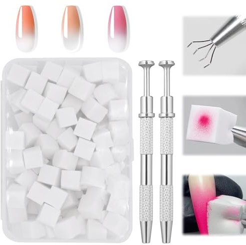 Guegine 100pc Nail Art Sponges for Ombre, Gradient Color, Set with 2 Metal Grabber Brushes, Storage Box