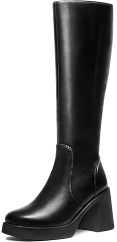Choiran Black Knee High Boots for Women - Wide Calf Platform Tall Boots Square Toe Chunky Block Heeled Gogo Boots B 8