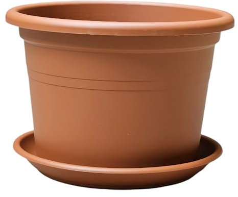 teramico Lot de 4 Pots de Fleurs Ronds en Plastique avec Soucoupe - Différentes Tailles - Terre Cuite et Taupe - Différentes Tailles - Terre Cuite, diamètre 40 cm