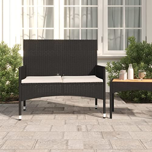SDWEHO7 Hockerbank mit Armlehnen & Rückenlehne, Gartenbank, Balkonbank wetterfest, Lounge-Bänke, Terrassenbank, Outdoor-Bank, GartenMöbel, Sitzbank, Schwarz Poly Rattan 90 x 51 x 85 cm