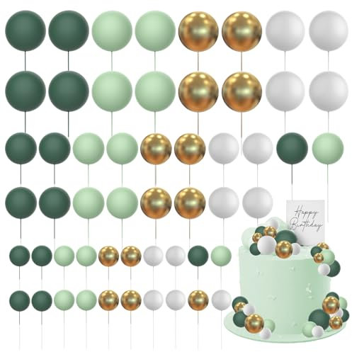 60 PCS Tortendeko Kugel,Torten Deko,Cake Topper Dekorationen DIY Mini Ballon Cupcake Einsatz für Geburtstag Party Baby Dusche Hochzeit Weihnachten(Grün Gold Weiß)