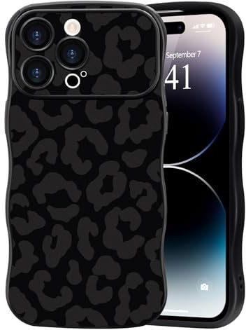 Urarssa for iPhone 14 Pro Max Case Womens Girls Cute Curly Wavy Case, Fashion Retro Leopard Pattern Camera Lens Protection Shockproof Soft TPU Bumper Slim Phone Cover for iPhone 14 Pro Max, Black