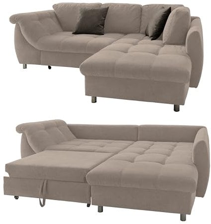 Ecksofa mit ausziehbarer Schlaffunktion 250x190 cm, Wellenunterfederung und Komfortschaum, Longchair Ottomane rechts, Bezug Mikrofaser in Hell-Braun, 2 Zierkissen Grau-Braun / 17011