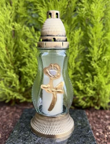 Grablampe mit Rosenmotiv!! Gold Effekt Grabkerze Kerze Grablicht Grabdeko - ohne Sockel - Kerze Gratis NEU