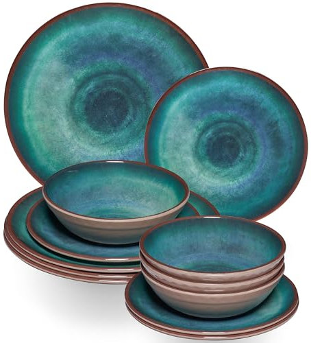 Jesolo Service de table en mélamine Vert pour 4 personnes – 12 pièces – Aspect faïence Passe au lave-vaisselle Vaisselle de camping Camping Camping Festival Pique-nique Jardin Party