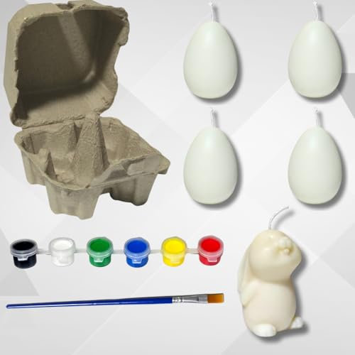 Luxus-Home Ostern Eier - 4er-Set Eier Kerzen + Hase Kerzen – Inklusive 6 Acrylfarben, 4-Fach Karton & Pinsel – Aus Sojawachs - Handgemachte – Ideal für Ostern, Kinder & Deko - Geschenk für Kinder.