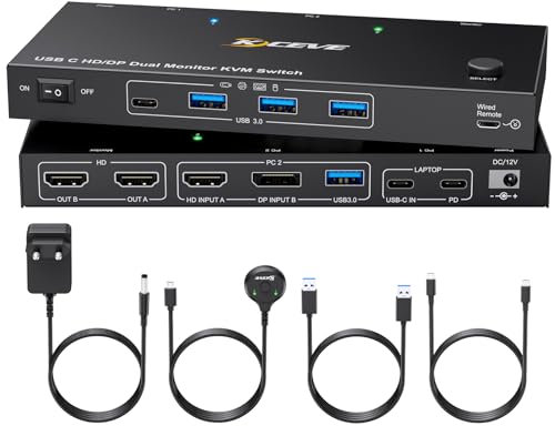 YOUTINGHDAV KVM Switch 2 PC 2 Monitores USB C, KVM Switch Dual Monitor for Laptop & PC, USB 3.0 MST Dual 4K@60Hz, PD 60W para Portátil, HDMI DP KVM Switch USB C, con Wired Remote
