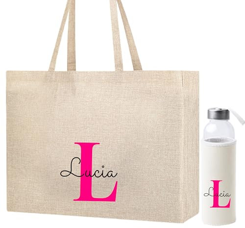 Set Personalizado de Bolsa y Botella de Cristal, Bolsa de Poliéster con Nombre e Inicial, Botella 500ml con Funda de Neopreno