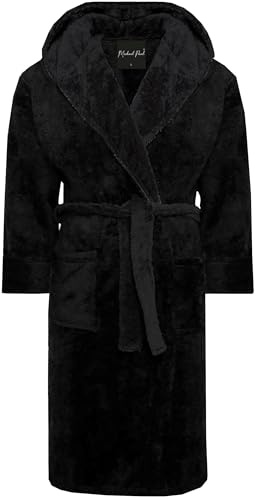 MICHAEL PAUL Dressing Gowns for Men | Super Soft Snuggle Hooded Dressing Gown in Grey Navy Black | Men's Warm and Cozy Fleece Nightwear Robe | Gifts for Him