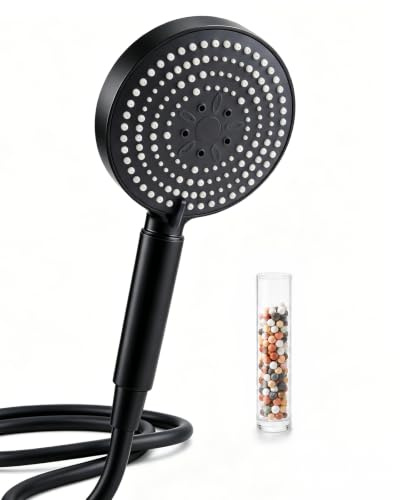 OFFO Duschkopf mit Schlauch 1,6m mit Verdrehschutz, 13cm Groß mit 20 Schichten Filtration, Handbrause mit Filter 6 Strahlarten, Duschschlauch mit Duschbrause Kalkfilter, Schwarze+Schwarzer Griff