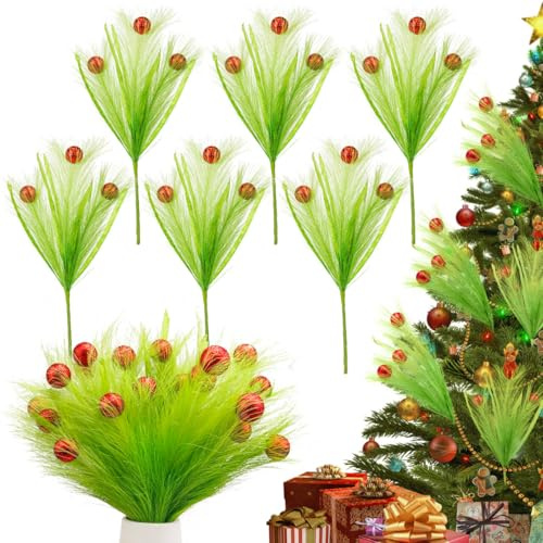 6 PCS Christmas Tree Topper with Glitter Ball, Giyiprpi 18.1'' Lime Green Christmas Picks Ornaments, Faux Pampas Grass for Xmas Tree Decoration Vase Filler Centerpiece Seasonal Party Home Decor