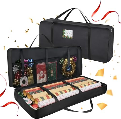 BUERPINKING Geschenkpapier Aufbewahrung Geschenkpapierrollen,Geschenkpapier Organizer mit Netztaschen und Fächern,Reißfest 600d Oxford 82x13x34cm (Schwarz)