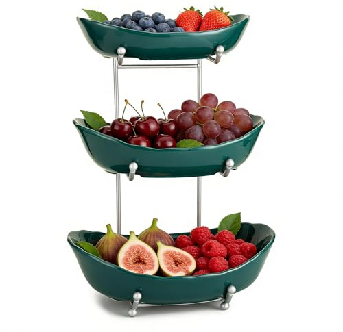 YYW 3 Tier Ceramic Fruit Bowl with Metal Stand Dark Green | 3 Tier Large Capacity Ceramic Bowls, Metal Stand, Kitchen Counter Storage Holder for Fruits, Vegetables, Snacks, Bread, Nuts