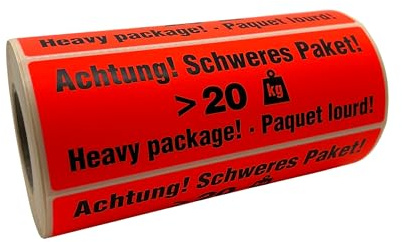 PaperXpert Hinweisetiketten - Achtung! Schweres Paket >20kg | 1 Rolle à 500 Stück | 149 x 48 mm | Leuchtfarbe | Stark haftend | Warnetiketten | Premium Markenqualität – Made in Germany