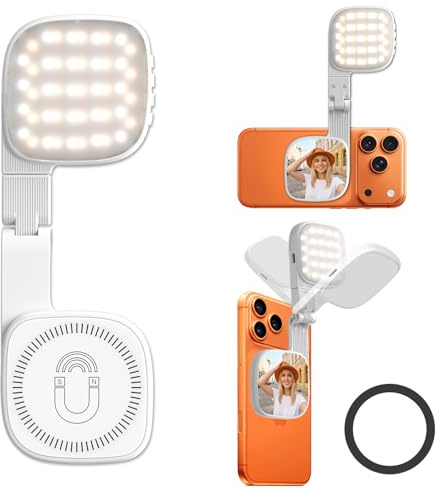 Diyife Magnetic Selfie Light for Phone, Compatible with MagSafe,3000K-6500K | 360° Rotatable Phone Light Clip on, Foldable Mirror, CRI95+, 45 LED, 3 Modes,Portable Selfie Ring Light for Streaming, Makeup