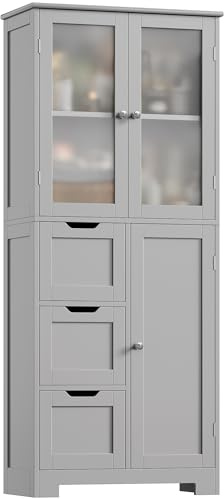 HOCSOK Badezimmerschrank, Badschrank Hochschrank mit 3 Schubladen, Grau
