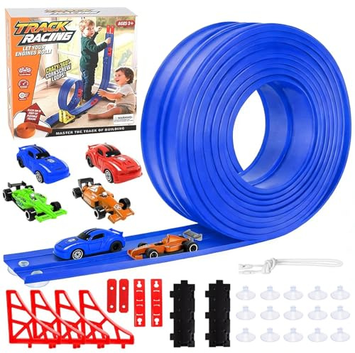 Flexible Rennbahn Kinder, 4M Flexible Autorennbahnen mit 4 Autos Rollt Auf, Flexible Rennbahn Dual Rennstrecke, Rollt Auf Tragbare Dual Rennstrecke Rampen, Geschenke für Jungen und Mädchen