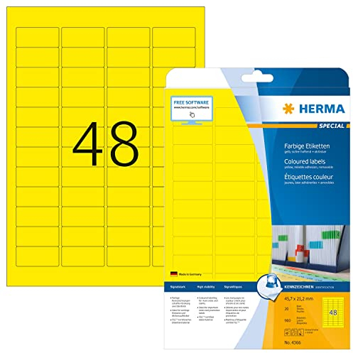 HERMA 4366 Farbige Etiketten gelb ablösbar, 20 Blatt, 45,7 x 21,2 mm, 48 pro A4 Bogen, 960 Stück, selbstklebend, bedruckbar, matt, blanko Papier Farbetiketten Aufkleber