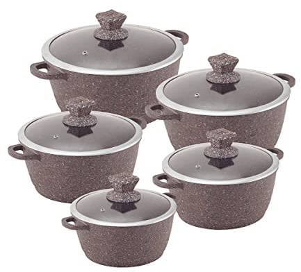 SQ Professional Granite Non-Stick Stockpot Set with Lids Casserole Set 5 - Light Brown