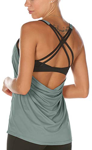 icyzone Damen Sport Yoga Top mit BH - 2 in 1 Fitness Shirt Cross Back Gym Sport Tank Top (L, Dusk Blue)