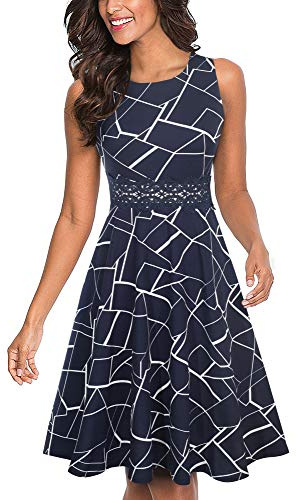 HOMEYEE Women's Vintage 50s Sleeveless Floral Embroidered Cocktail Swing Dress A079 (UK 14 = Size XL, Stripe)