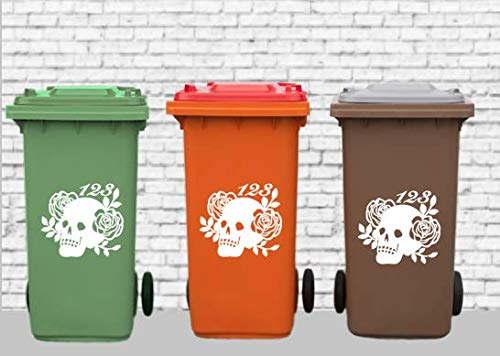 BABC 3 x Personalised Wheelie Bin House Number Sticker Decal, WHITE Skull and Roses