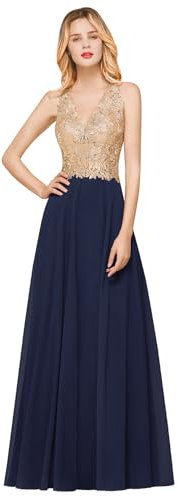 Misshow Robe de Cocktail Longue pour Soirée Vintage Robe pour Mariage Femme Invité Temoin avec Appliques Bleu Marine 40