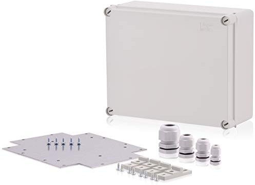 Industriegehäuse Set 240x190x90mm Kunststoffgehäuse Abzweigkasten Universalgehäuse Wandgehäuse mit Scharnierschrauben Schutzart IP65 inklusive Montageplatte, Kabelverschraubungen & Wandhalterungen