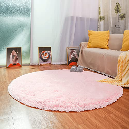 QUANHAO Tappeto da soggiorno tappeto in velluto soffice, adatto per tappeto da soggiorno, tappeto lungo e morbido soffice, cuscino rotondo per divano con moquette antiscivolo (140X140CM, Rosa)