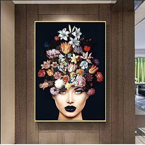 N/Ａ Dekorative Drucke aus Leinwand Leinwand Malerei für Wohnzimmer HD Frau mit Blumen auf Kopf Poster Tableau Kunst Moderne dekorative Gemälde-50x70cm