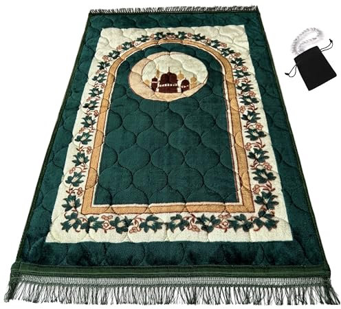 Muslimischer Gebetsteppich Islamisch - Sehr Dicker Sajadah für Männer und Frauen Mit Islamischen Gebetsperlen für Eid, Reisen, Ramadan, Weich und Luxuriös (Grün)