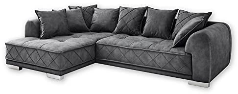 Stella Trading SENTINA Ecksofa in Samtoptik, Anthrazit - Moderne Eckcouch in L-Form mit universell stellbarer Ottomane & dekorativer Steppung - 319 x 73 (90) x 194 cm (B/H/T)