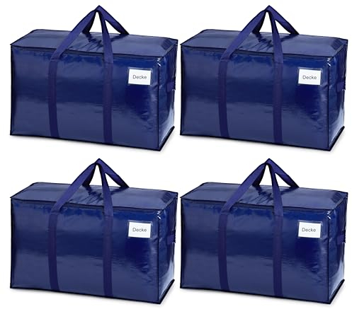 VENO Pack de 4 Bolsas de Almacenamiento para la Mudanza Extra Grande con Cremallera, Alternativa a las Cajas para Mudanzas, Bolsa de Viaje Plegable con Bolsillo para Etiqueta (Azul, Pack de 4)