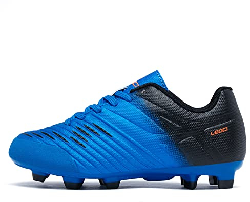 LEOCI Fußballschuhe for Jungen Mädchen Kinder Little Kids Firm Ground Sportliche Football Boots,Blau Schwarz,34 EU