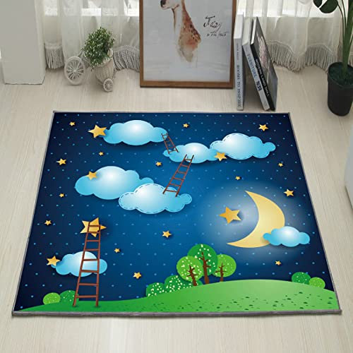 makeups69 Teppich Quadratisch rutschfest waschbarer, Teppiche Orientteppich Webteppich Kurzflorteppich für Wohnzimmer Schlafzimmer Esszimmer,Sterne und Wolken, Kinderzimmer 150 x 150 cm