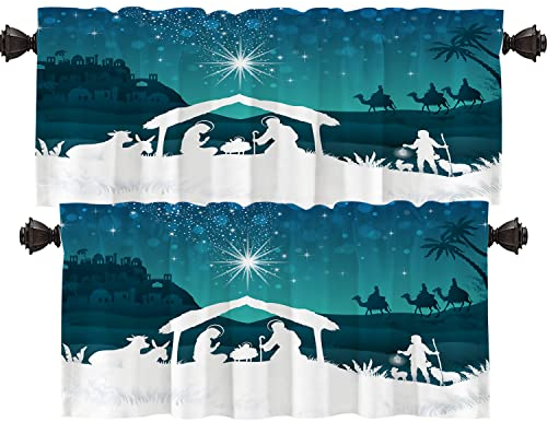 Shrahala Weihnachts-Weihnachts-Szene, Küchenvolants, Weihnachtsstern und Krippenfiguren, halbe Fenstervorhang, mehrschichtig, Polyester, Verdunkelung für Wohnzimmer, 2 Stück, 132,1 x 40,6 cm