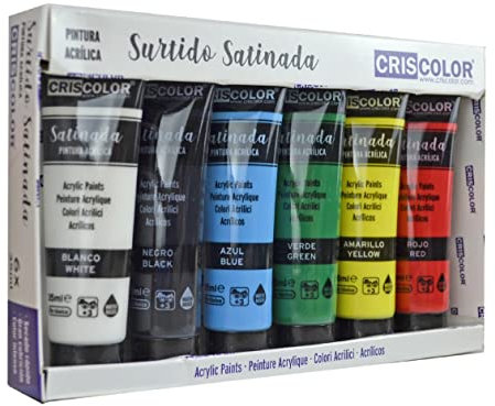 Criscolor - Surtido Pintura Acrílica Satinada - PACK 6x35ml - Para trabajo artístico y manualidades – Para Principiantes, Estudiantes y Artistas profesionales. (Satinada 6x35 ml)