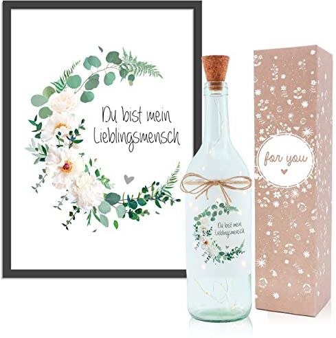 OWLBOOK Lieblingsmensch Wildrose Geschenkset Flaschenlicht und Bild personalisiert Geschenke für Frauen Geschenkideen für beste Freundin Kollegin Mama Oma zum Geburtstag Ostern Weihnachten