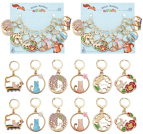 nbeads 24 Stück Katze Maschenmarkierer, Emaille-Legierung häkeln Stich Marker Charms abnehmbar Verriegelung Stich Marker für Stricken Weben Nähen Zubehör Quilten Handgemachten Schmuck