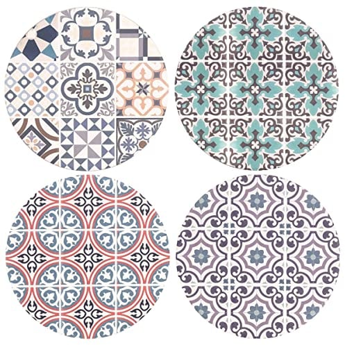 Dessous de Plat Set de 4 Rond en Céramique et liège Décoration Carreau de Ciment Ancien Azulejos de 18cm