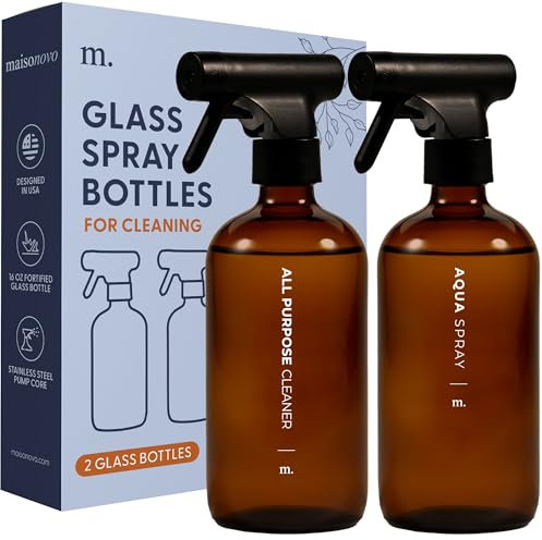 MAISONOVO Spray Bottles for Cleaning Set of 2 - Amber 500ml Glass Spray Bottle and Refillable Empty Spray Bottles - with 16 Labels