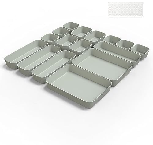 Schubladen Organizer Box Organizer Schubladen Ordnungssystem 16 Stk Küche Badezimmer Kosmetik Gewürz Aufbewahrung Organisation Drawer Kunststoff Büro Schreibtisch Trenner mit Silikonmatten (Grün)