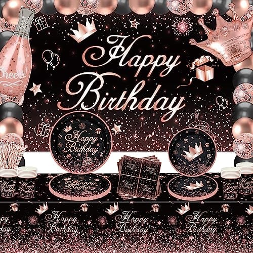 151 PCS Black and Rose Gold Party Decoration Rose Gold & Black Party Supplies Dinnerware Set Set-Plates, Backdrop, Balloons, Tablecloth Serves 20