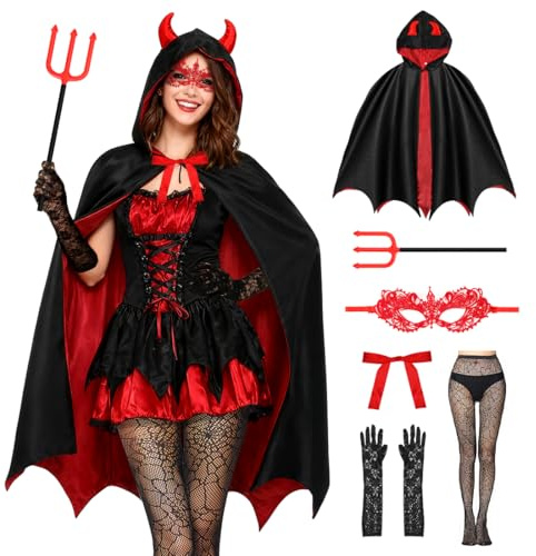 Meleager Costume Diavolo Donna, Mantello da Vampiro Nero Rosso, Gli Occhi e Guanti in Pizzo, Forchetta Diavolo, Collant a Rete come Accessori per Vestito Diavoletta Donna per Halloween, Carnevale