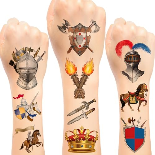 288 Stück temporäre Ritter-Tattoos, mittelalterliche Burg, mittelalterliche Ritter, Partygeschenke, Dekorationen, Zubehör für Kinder, Jungen, Erwachsene, Ritterkostüm, Cosplay, Party (24 Blatt)