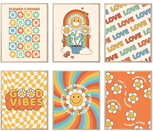 60 70er Jahre Hippie Wandkunst Vintage Wanddekoration druckt Frieden Glück Preppy Blume Leinwand Retro Poster Abstrakt Aufenthalt Grvooy,Schlafzimmer 8x10 Zoll (20.3x25.4 cm) Ungerahmt