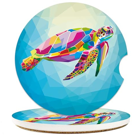 Turtle Floating Ocean Car Coasters for Cup Holders, Absorbent Ceramic Coaster with Cork Back, Car Accessories Gifts for Men Women, 2PCS Universal Anti Slip, Cup Mat for Most Car Interior