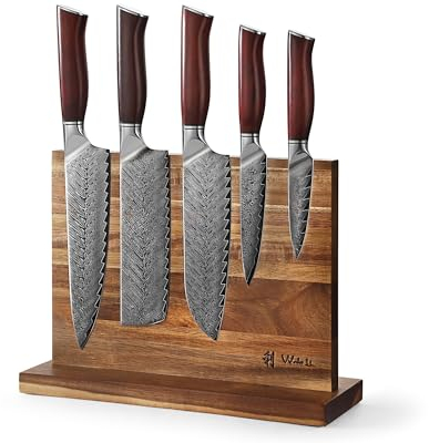Wakoli Rose Elegance I 6-teiliges Damast Küchemesser-Set mit magnetischem Messerblock & 5 Damastmessern I Klingen von 9-20 cm gefertigt aus Damaststahl mit Griffen aus Rosenholz I Damastmesser-Set