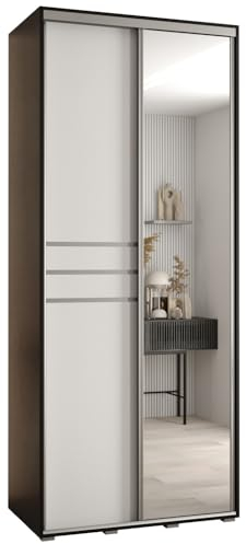 MEBLE KRYSPOL Davos 11 100 Schrank mit Zwei Schiebetüren für Schlafzimmer - Moderner Schrank mit Spiegel, Kleiderstange und Regalen - 235,2x100x60 cm - Schwarz Weiß Silber
