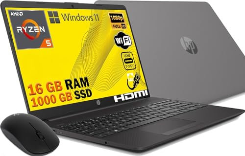 HP Ordinateur Portable 2024 Ryzen 5 5500U 6 cœurs 4 Ghz SSD 1000 Go IPS Full HD 15.6 DDR4 16 Go, Wi-FI 3 USB Webcam HD Windows 11 Pro, Package Office 2021, QWERTY Italie Souris Gratuite